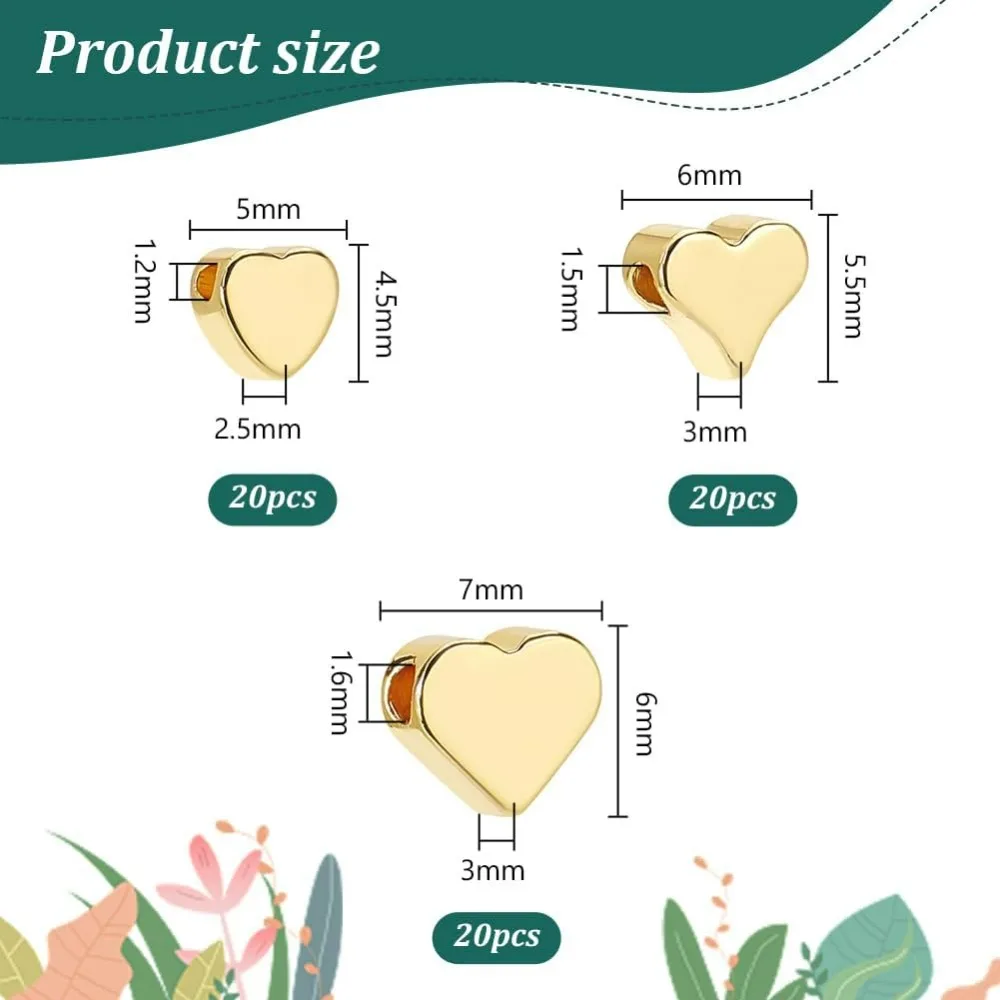 18K 골드 하트 비즈, 발렌타인 비즈, 오래 지속되는 스페이서 금속 황동 애호가 보석 비즈, 3 가지 크기, 60 개