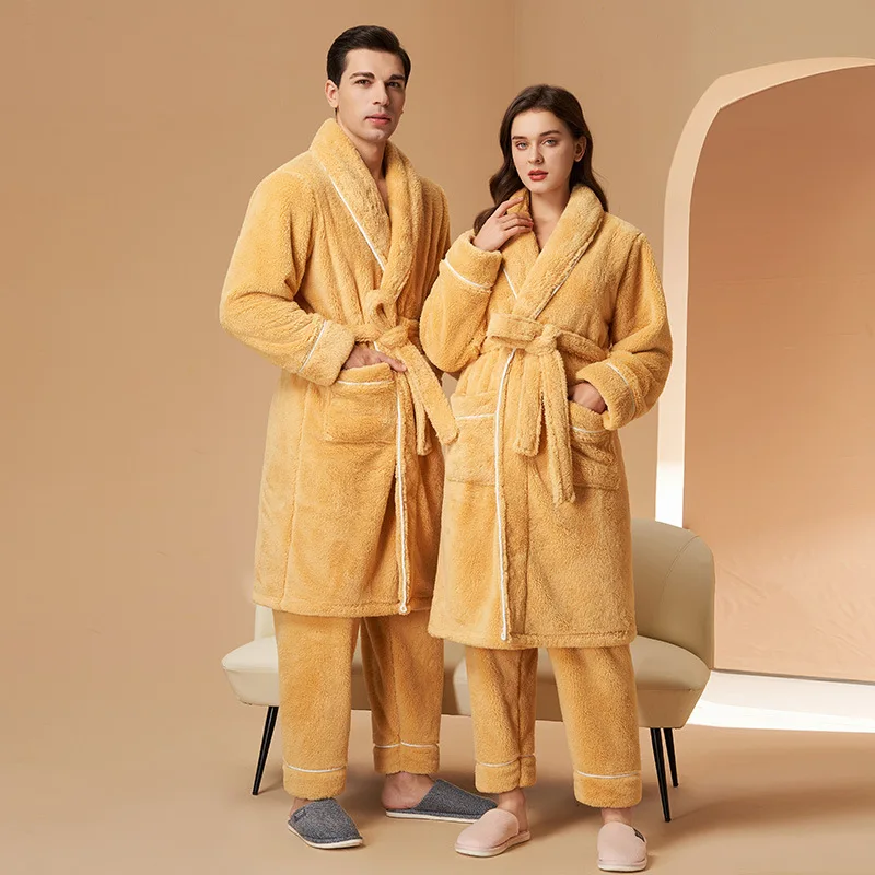 Thickened Flannel Couple Pajamas Set Sleepwear Double Sided Thickened Coral Fleece Kimono Bath Robe Gown Winter Homewear 3XL