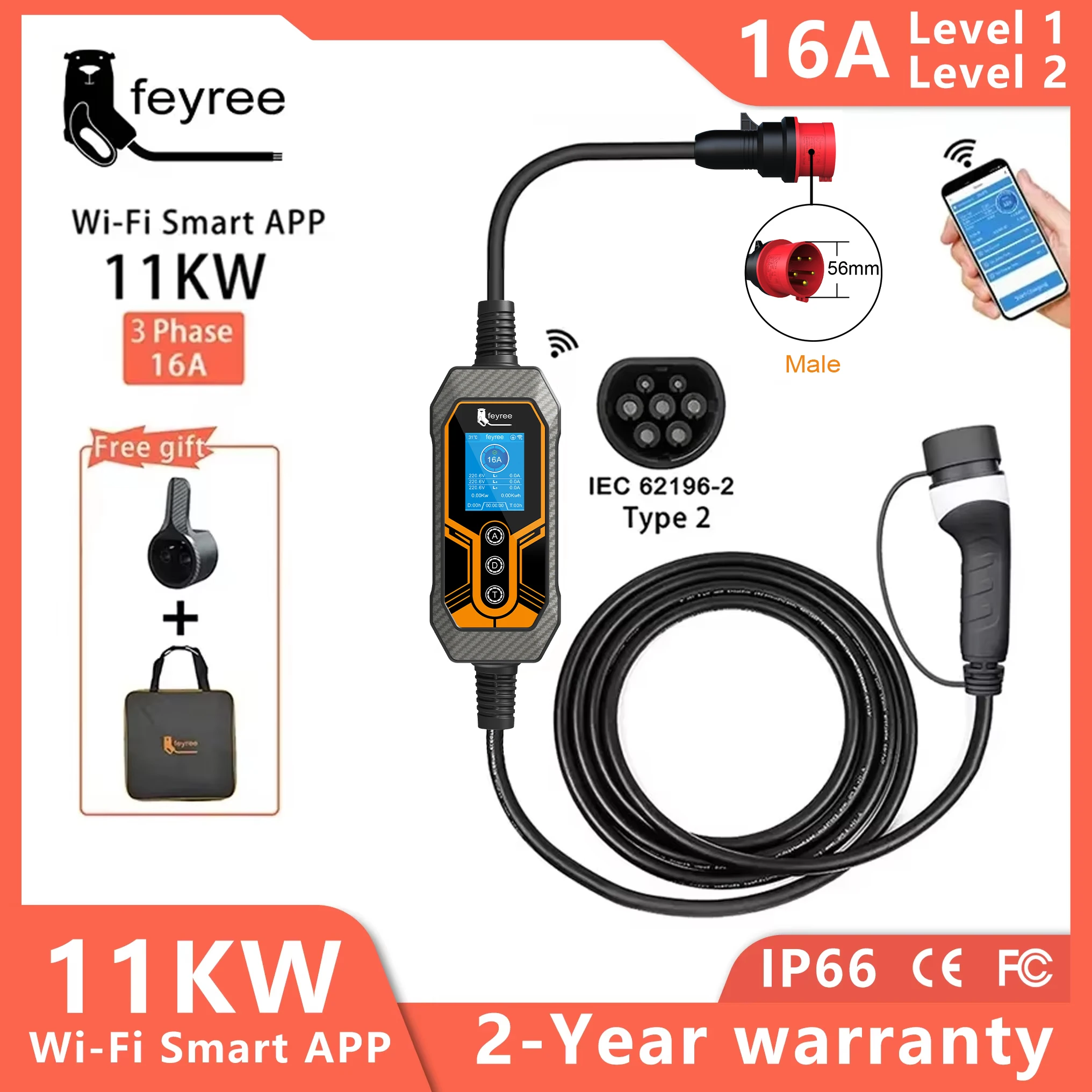 feyree Portable EV Charger Type2 11KW 16A 3 Phase Wi-Fi APP Bluetooth Version EVSE Charging Cable 5m CEE Plug for Electric Car