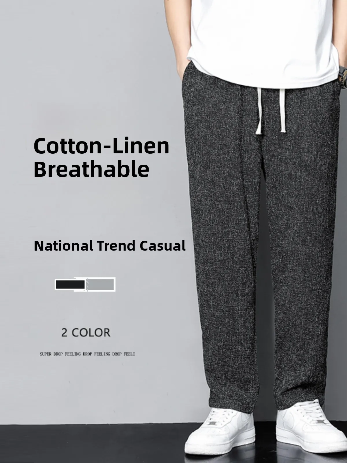 

Cotton Linen Men's Summer Thin Straight Casual Pants Loose Fit Elastic Waist Breathable Lightweight Classic Straight Leg Trou...