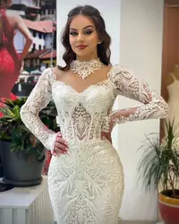 V Neck White Dress Woman Mermaid Prom Dresses Lace Customized Long Sleeves Floor Length Strapless Evening Dresses Ball Gown