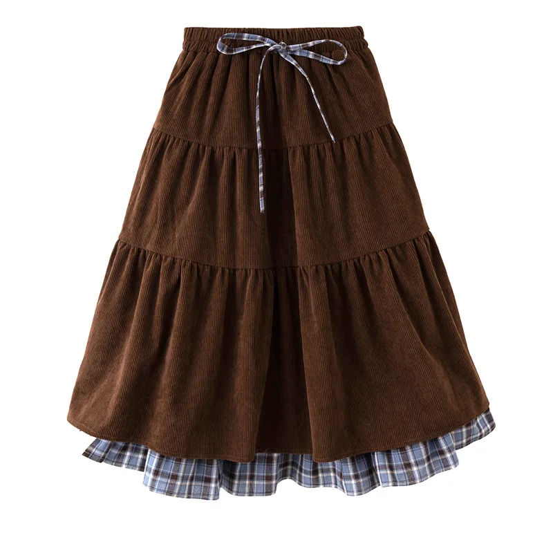 

Girls Corduroy Plaid Skirt Fashion Patchwork Fake 2-pieces Autumn Winter Korean Style Pink Ruffled Princess Long Skirt for Kids