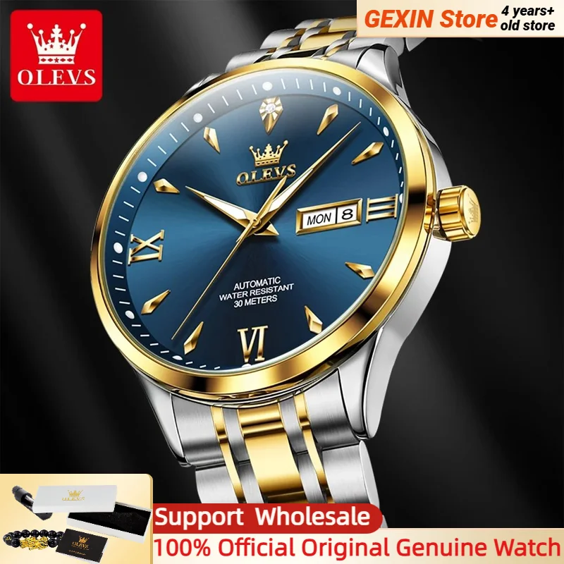 

Мужские электронные автоматические часы OLEVS, Оригинальные Классические деловые мужские водонепроницаемые наручные часы с отображением недели и даты, золотые часы 9956