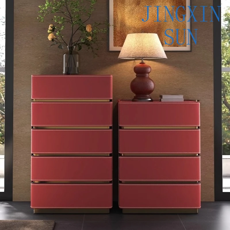 3 4 5 Drawers Saddle Leather Storage Locker Household Living Room Drawer Cabinet Italian Light Luxury Wood Dressers Furniture