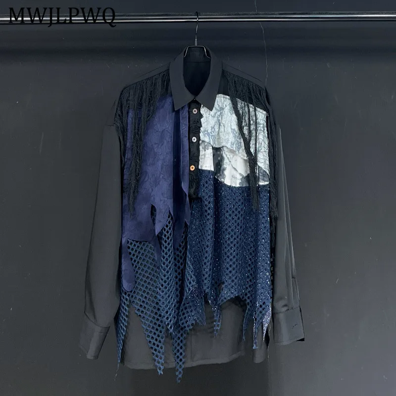 

MWJLPWQ Spliced Mesh Design Shirt For Men Single Breasted Lapel 2025 Autumn Loose Long Sleeve Women Couples Casual Tops 11453