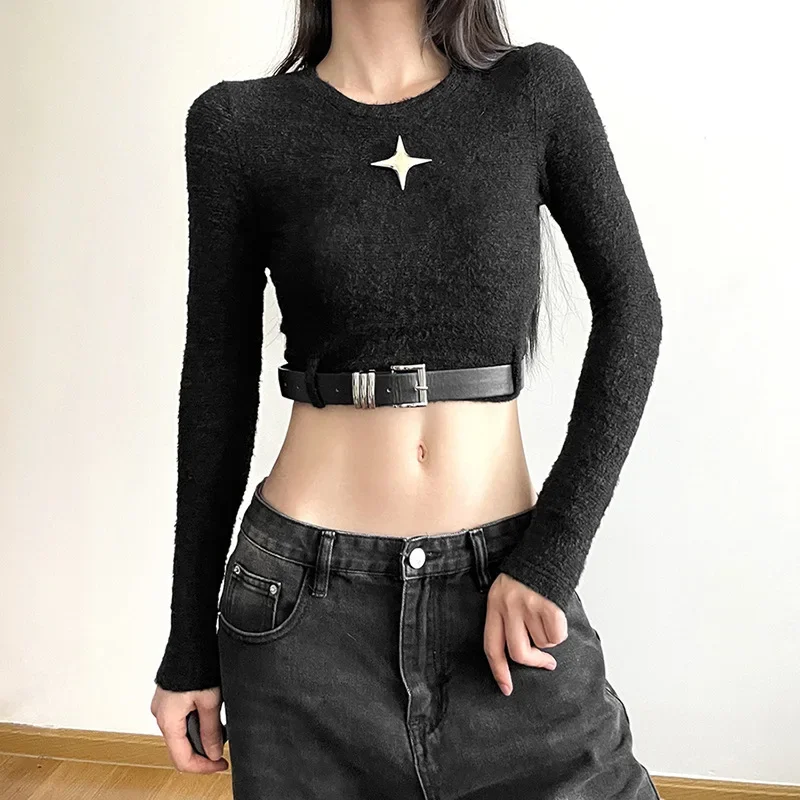 Handsome Drag Sister Belt Slim High Waist Navel T-shirt Women’s Sexy Design Casual Elegant Top Fashion New