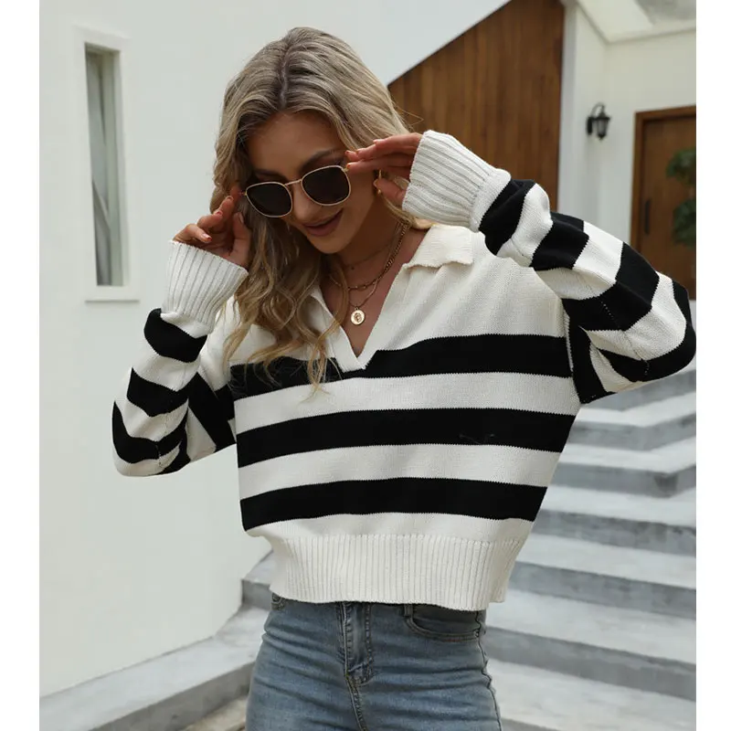 2024 Spring Autumn New Long Sleeve POLO Collar Cotton Knitted Top Women\'s Loose Stripe Contrast Pullover Sweater Women