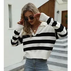 2024 Spring Autumn New Long Sleeve POLO Collar Cotton Knitted Top Women's Loose Stripe Contrast Pullover Sweater Women