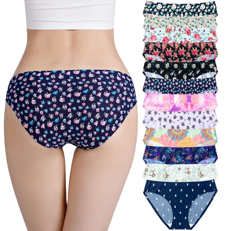 12 Colors New Sexy Temptation Breathable Printing Seamless Ladies Ice Silk Thong Panties Colorful Flowers Student Personality