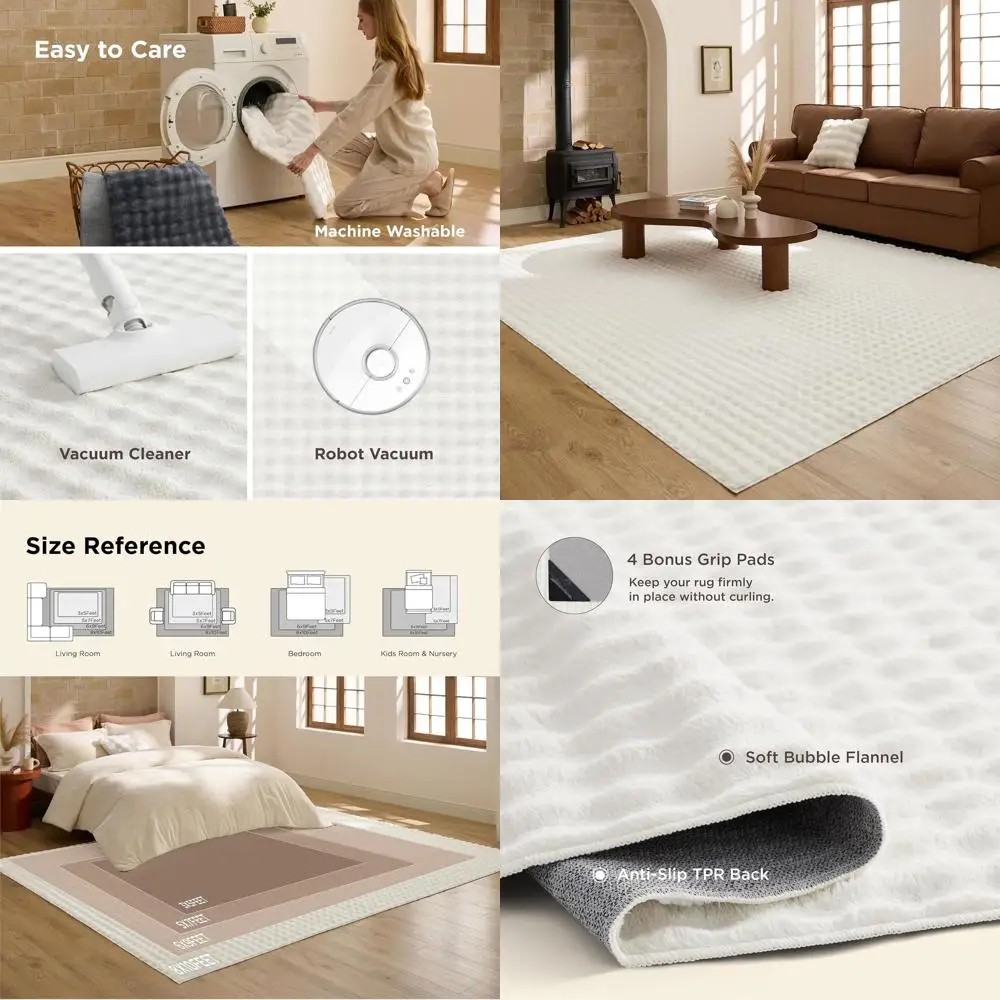 

5x7 Washable Area Rugs for Living Spaces, Non-Slip, Pet-Friendly, Low-Shedding, Cream White