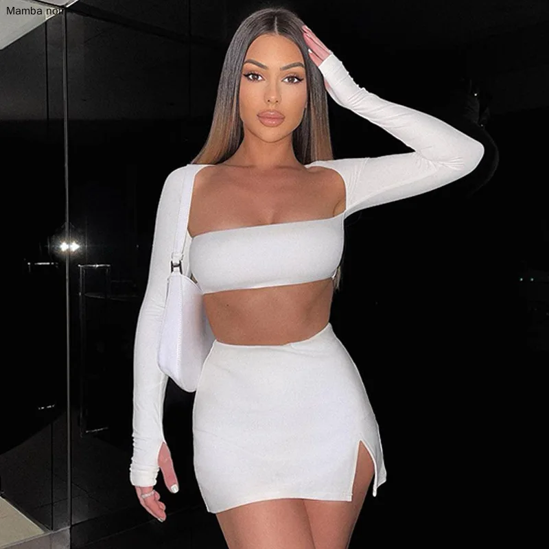 Women New 2 Pcs Set Solid Long Sleeves Square Neck Backless Bandage Crop Top Slit Skirt Summer Rave Festival Outfit