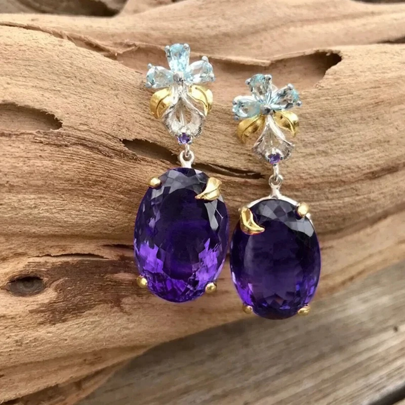 Huitan Newly Designed Women Earrings Blue Flower Oval Purple Cubic Zirconia Gorgeous Female Earrings Fancy Gift Trendy Jewelry