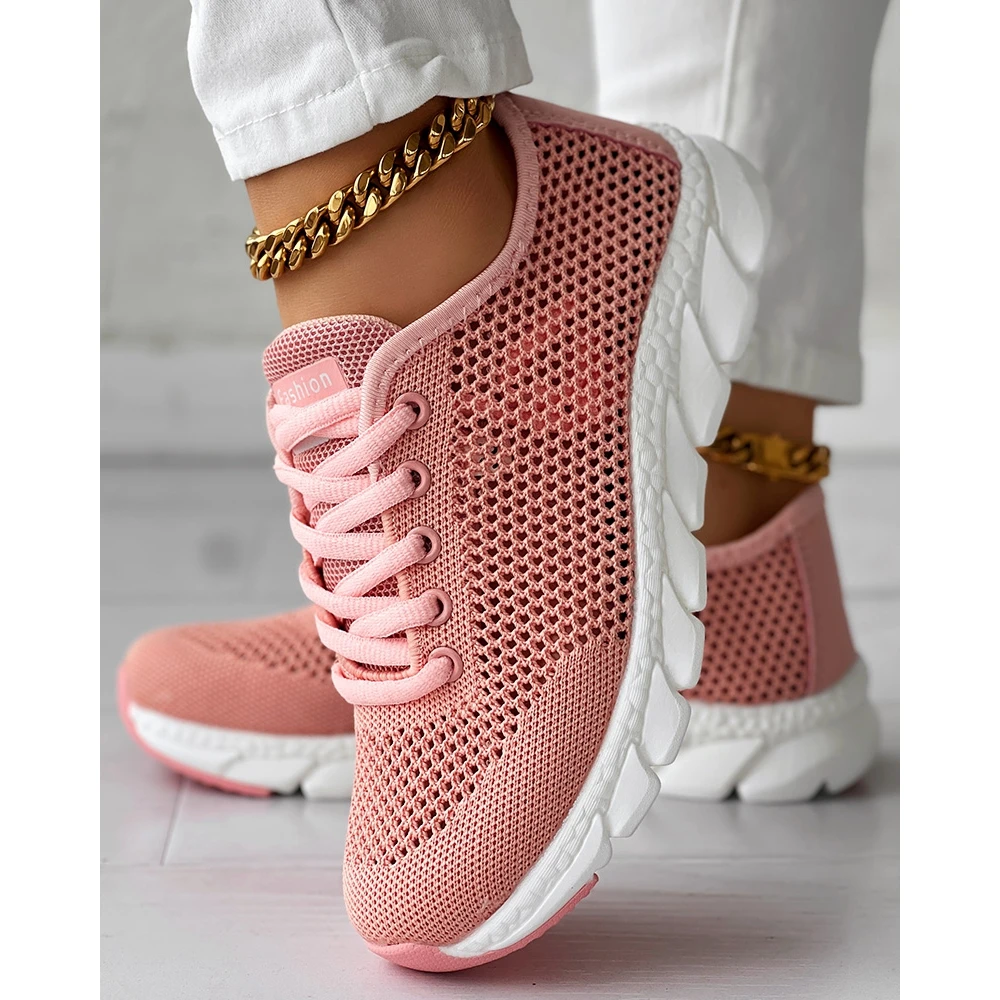 Women Hollow Out Breathable Mesh Lace-up Sneakers Casual Round Toe Flats Pink Sports Shoes Spring Daily Fashion Going Out Shoes
