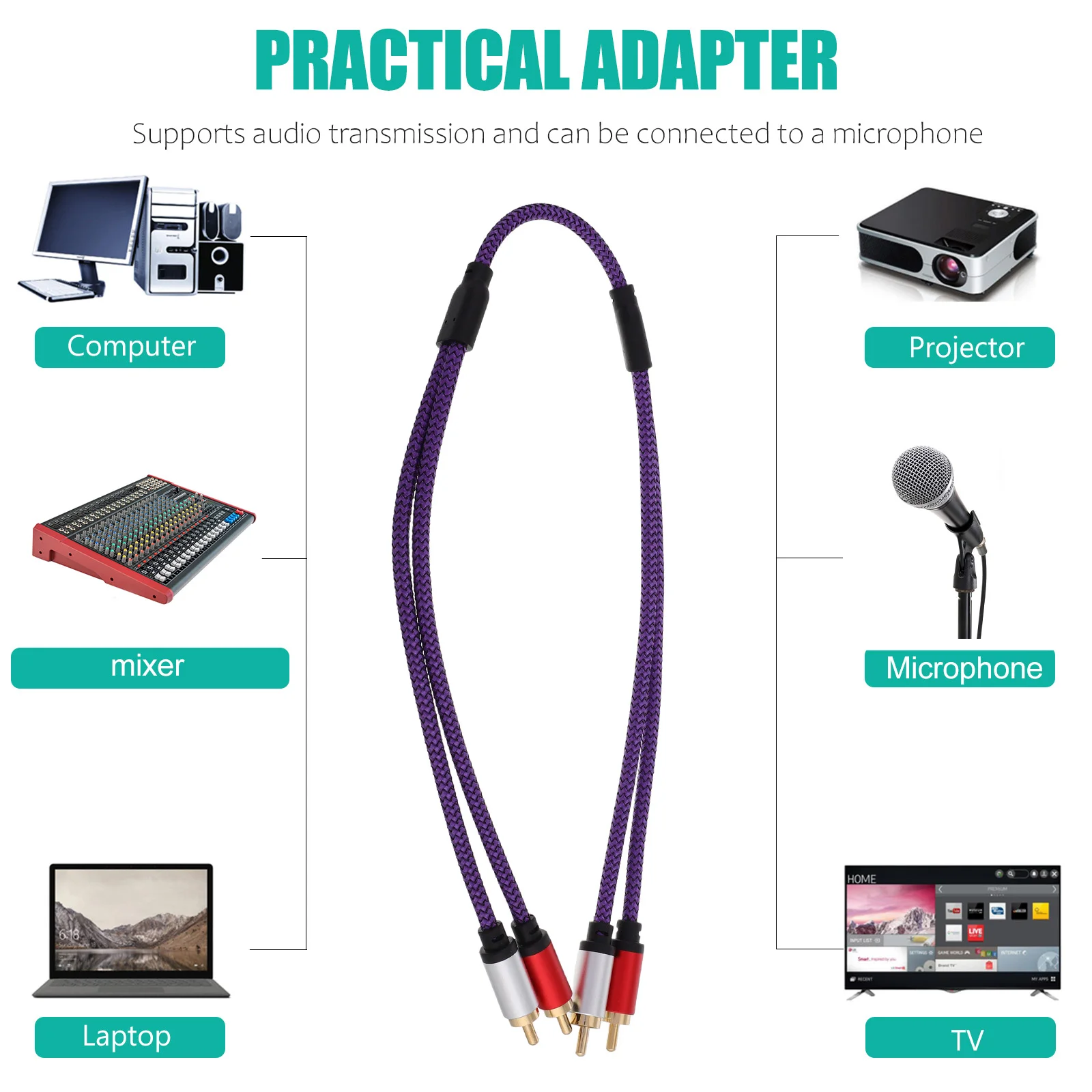 

Audio Cable Dual Analog Cable for Computer Speakers Amplifiers Shielded Wire Clear Sound Purple 50cm