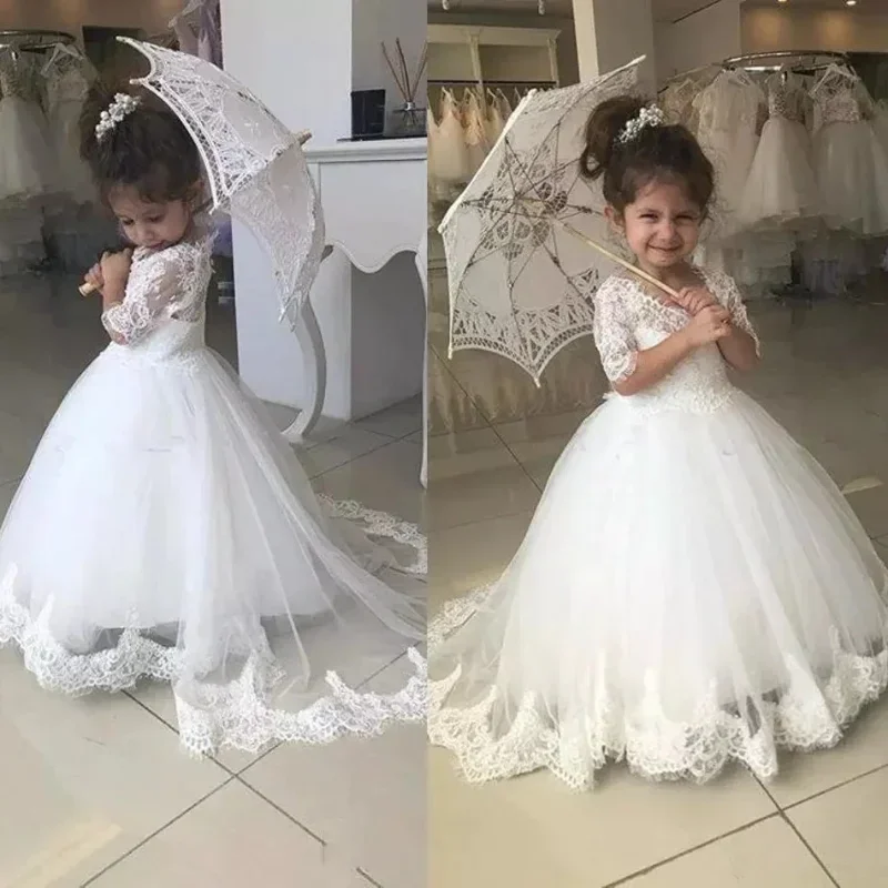 

White Long Sleeve V Neck Lace Flower Girl Dress for Wedding Evening Party Kids Formal Princess Junior Bridesmaid Dress 2023