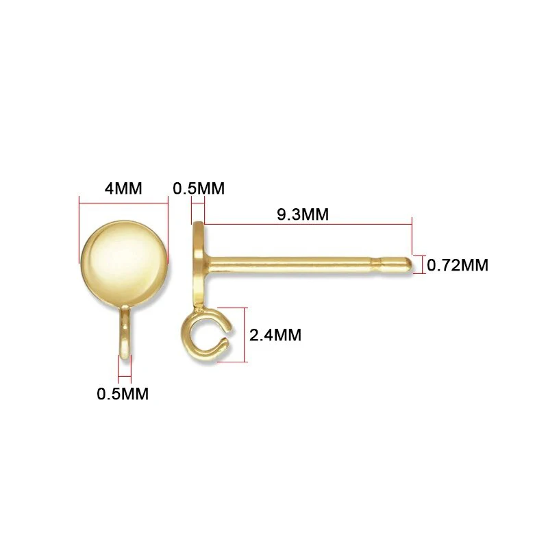 Disco Redondo Post Brinco com Anel, Ouro 14K Cheio, Ear Stud, Descobertas Jóias, Resistente a Manchas, 4mm