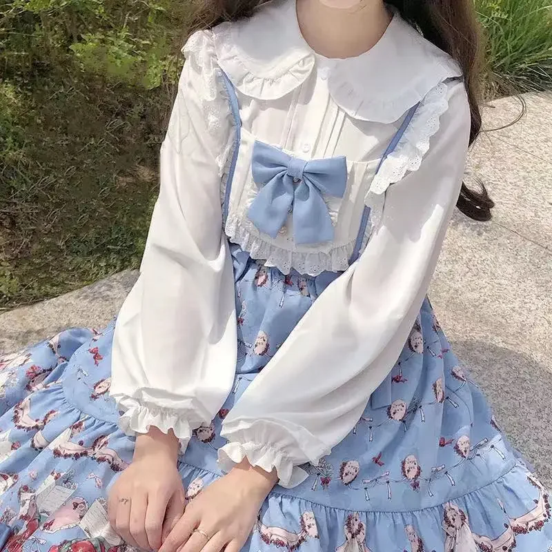 

Shirts Women Sweet Gentle Ruffles Design White Chic Vintage Girlish Aesthetic Puff Sleeve French Style Student OOTD Tops