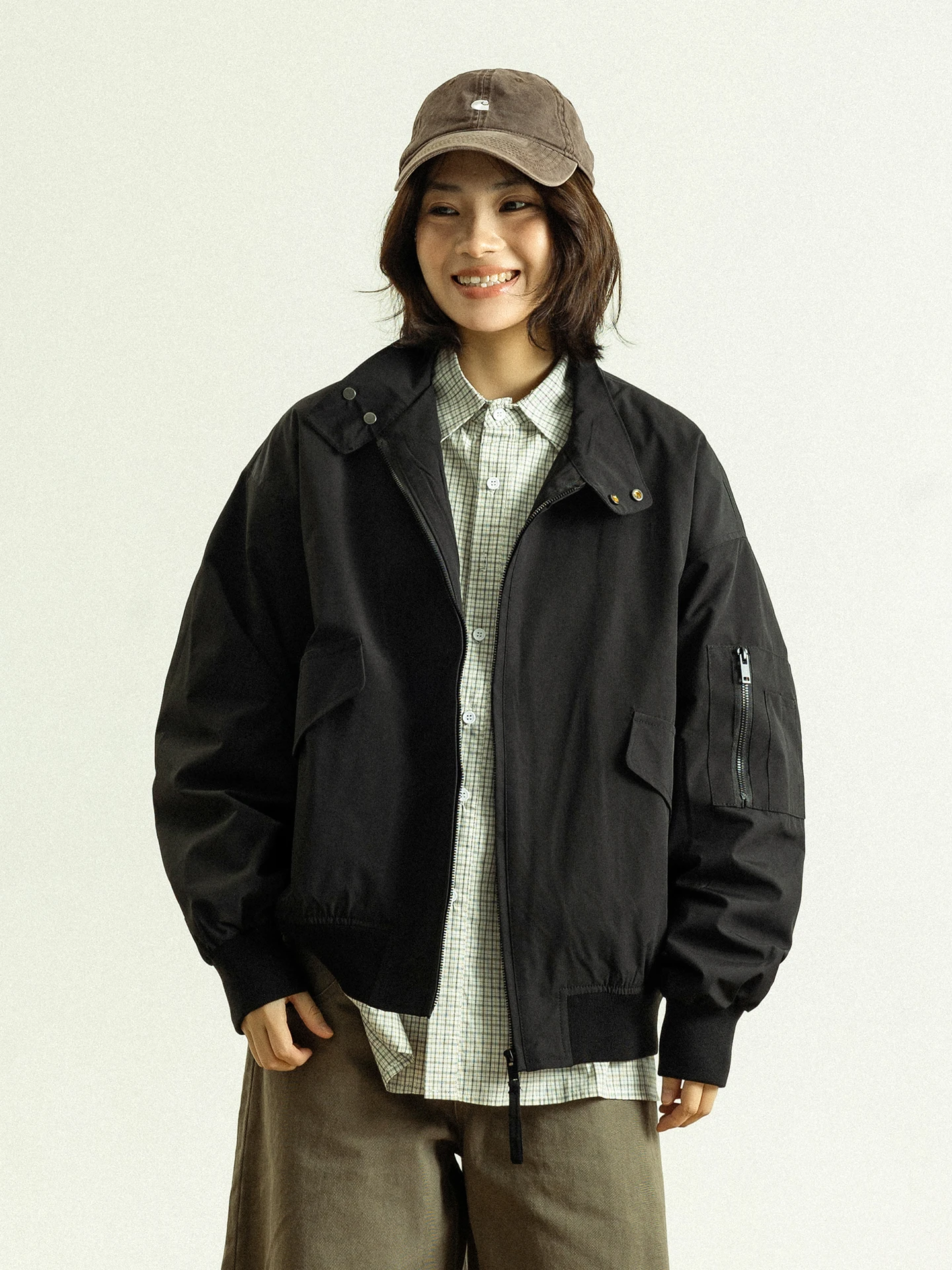 

GoodNorth Retro Japanese Sle Loose Fit Zipper Decorated Workwear Jaet Multiple kets Stand Collar ex Spring Flight ...