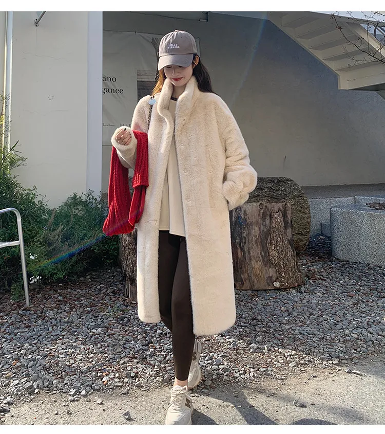 Women's Thick Faux Mink Fur Mid-length Coat Autumn Winter Fashion Stand Collar Plush Outerwear Women Elegant Warm Fluffy Jackets