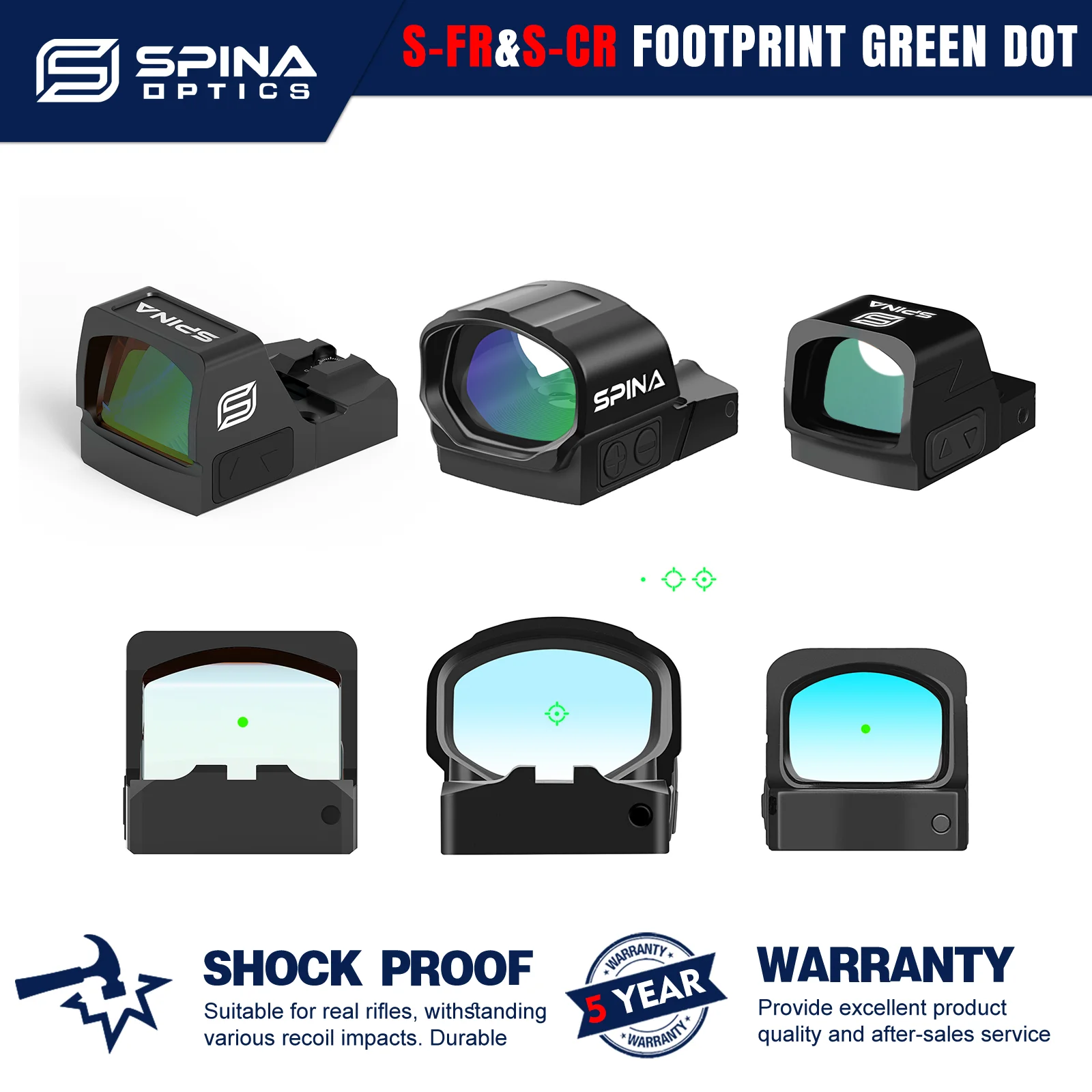 SPINA Optics Red Dot Sight Green Dot Series  Multi Reticles 3MOA Shake Awake S-FR&S-CR Footprints Fit Recoil of Real Handguns