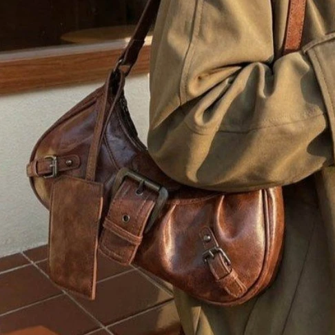 

Сумки через плечо в стиле Y2K, ретро-сумка через плечо, плиссированная сумка-багет Maillard с заклепками, модная женская кожаная сумка через плечо