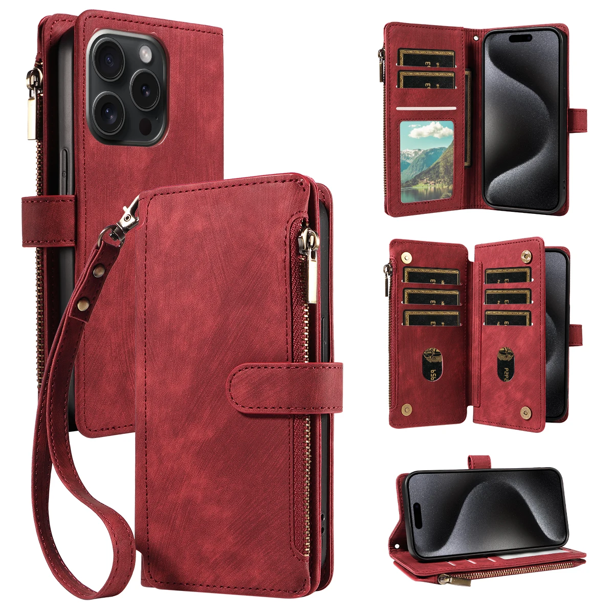 PU Leather Phone Case for Samsung GalaxyZ Fold 3 Z Fold 4  Z Fold 5  Z Fold 6 Lanyard & Stand Multi-card Slot Shockproof Fashion