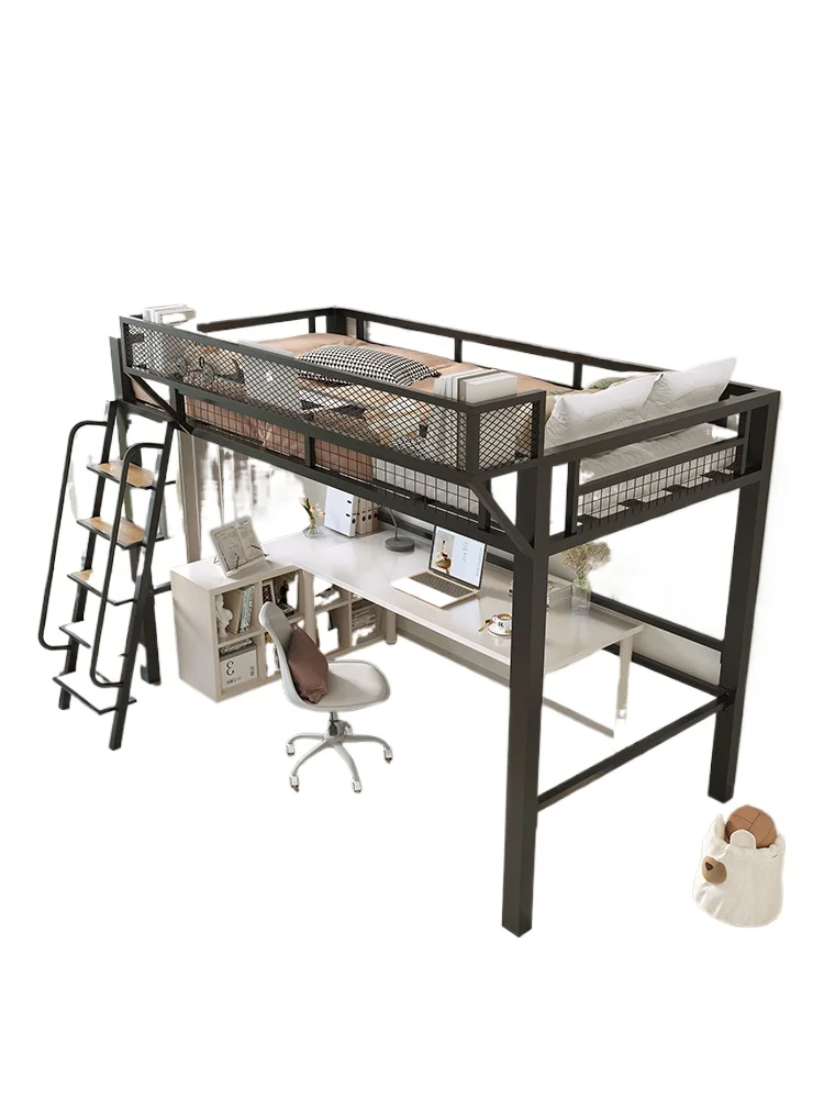 Wrought iron elevated bed sheet upper level duplex second floor bed space saving  lower table split level high and low