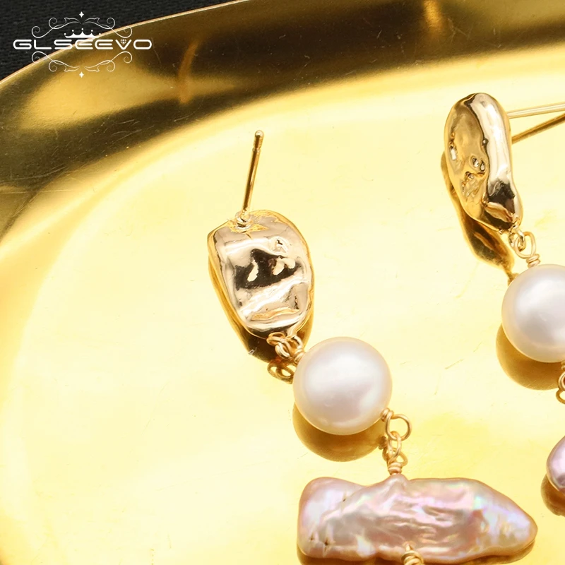 GLSEEVO Original Jewelry Earring Vintage Baroque Pearl Pendant Earrings Purple Real Pearl Earring for Prom Women Party Jewelry