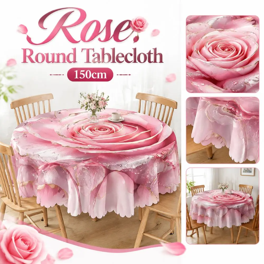 New Pink Rose Round Tablecloth Lace Edge Flower Print Rose Table Cover 3D Rose Elegant Style Floral Tablecloth Table Overlay