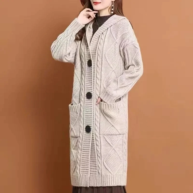 5XL New Large Size 2024 Autumn Winter Hooded Big Pocket KnittingJacket Women\'s Cardigan Sweater Coat Elegant Female Long Sweater