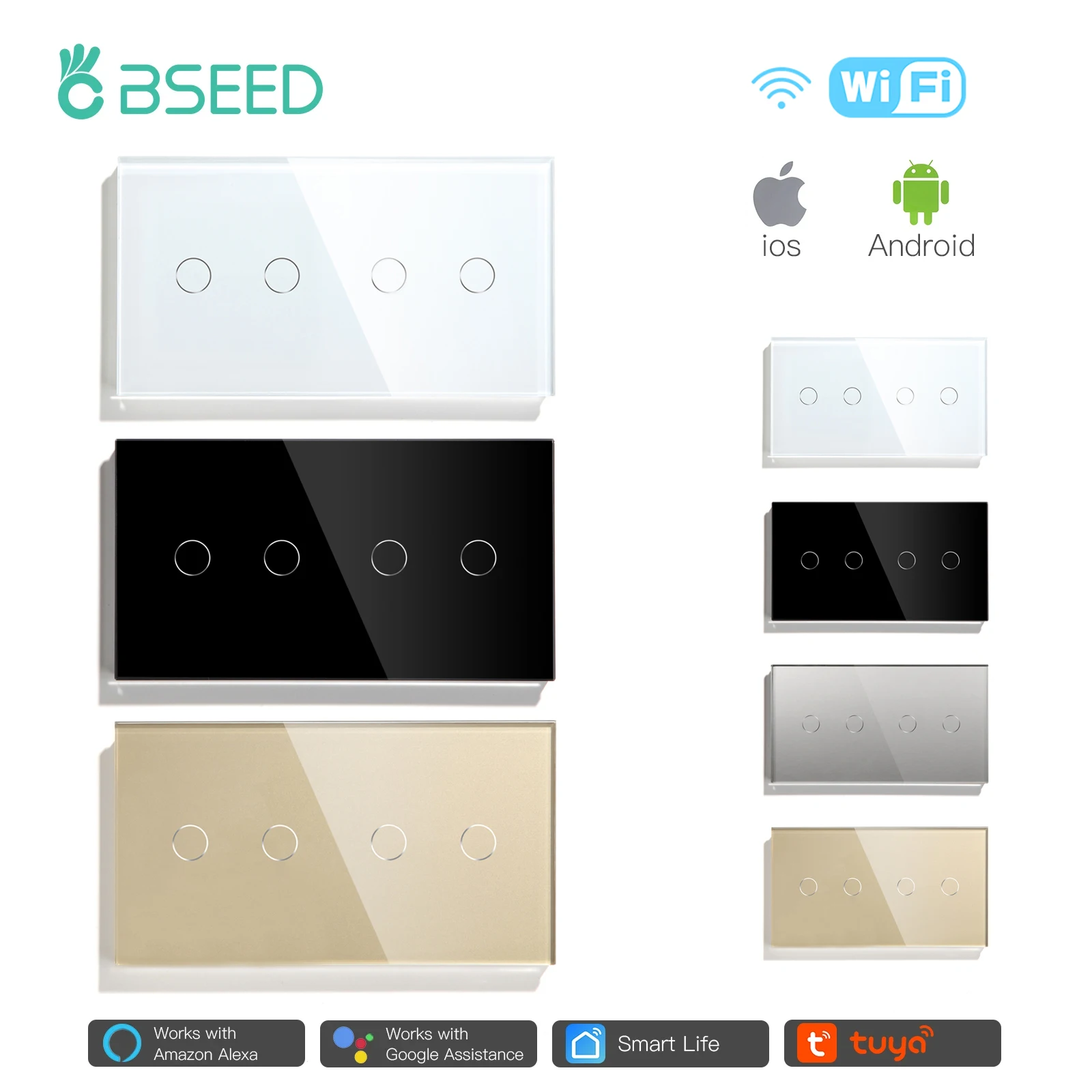 

Bseed EU Wifi Touch Switches 4 Gang Light Switch Crystal Led Panel Smart Wall Switches Home Gadgets Alexa APP Control