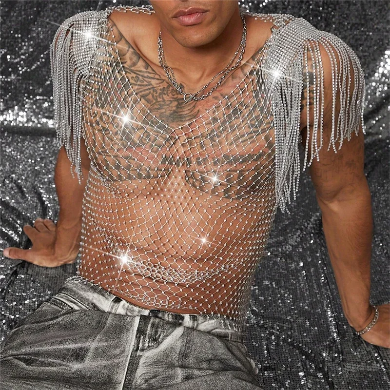 

Shining Rhinestone fishing net hollowed out mesh short top for men, fashionable with tassel T-shirt, party cover, club vest