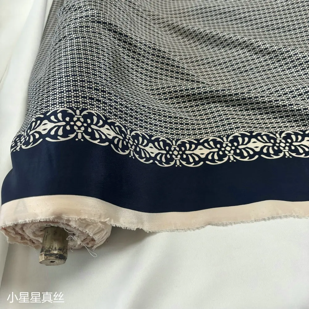 Blue Chinese Style Printed Silk Crepe De Chine Cloth Shirt Short Sleeve Robe Silkworm Silk Satin Fabric Summer