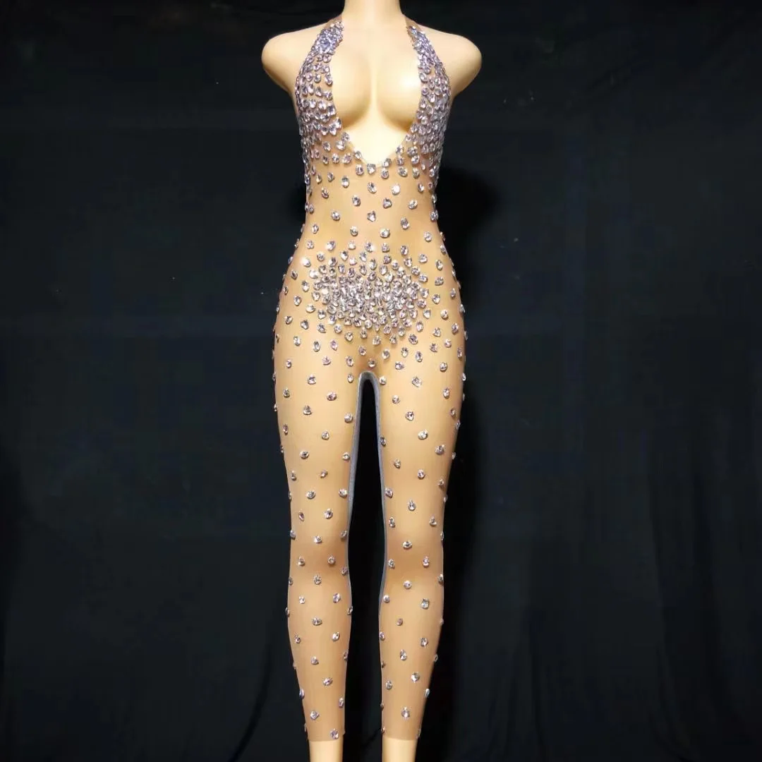 

Sexy Sparkly Bodysuit Silver AB Crystals Rhinstones Jumpsuit Mesh See Through Rhinestones Rompers Stage Birthday Dance Jumpsuit