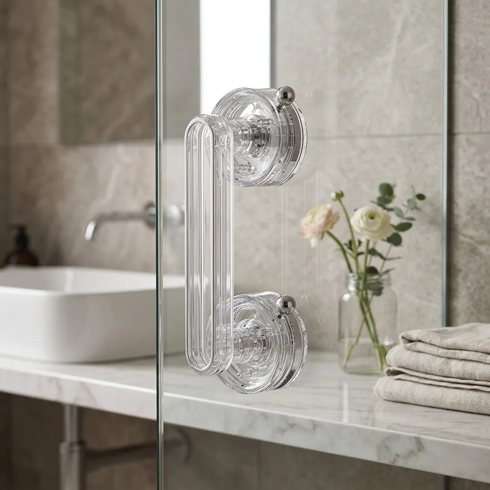 Suction Cup Glass Door Handle with Diamond Motif - For Cabinets Sliding Panels and Wardrobe Doors Installation