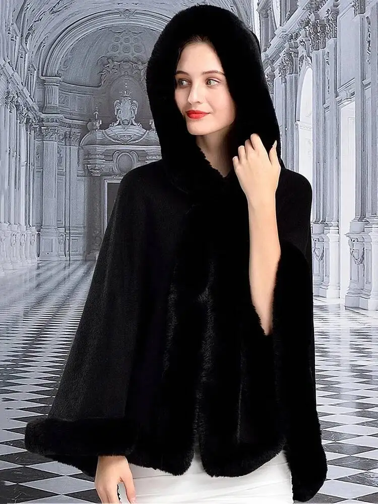 

Fashion Full Soft Faux Fur Trims Cape Loose Knit Cardigan Poncho Hooded Coat Women Autumn Winter Cloak Party Dress Shawl