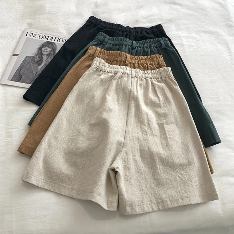 GIDYQ Women Shorts Solid High Waist Fashion Cotton Linen Straight Shorts Ladies Summer Loose Casual A Line Wide Leg Shorts