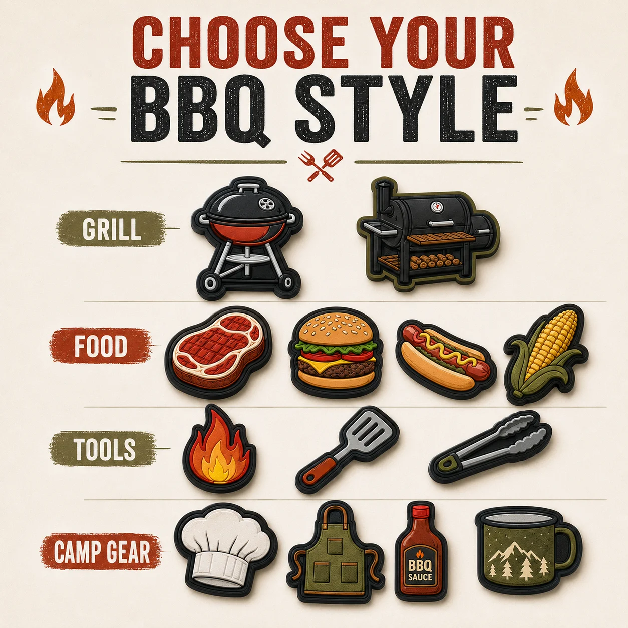 Custom Outdoor BBQ PVC Patches Grill Smoker Steak Burger Hot Dog Soft Rubber Hook and Loop for Bags Jackets Hats Cooking Gear