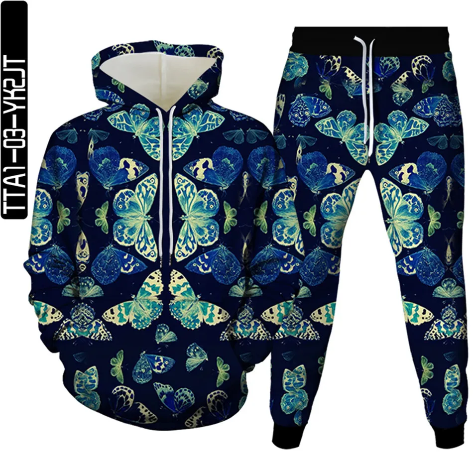 

Blue Yellow Animal Butterfly Print Women Men Fashion Clothing Hoody Sweatshirt+Jogger Pants 2PcsSets Teens Tracksuit Size S-6XL