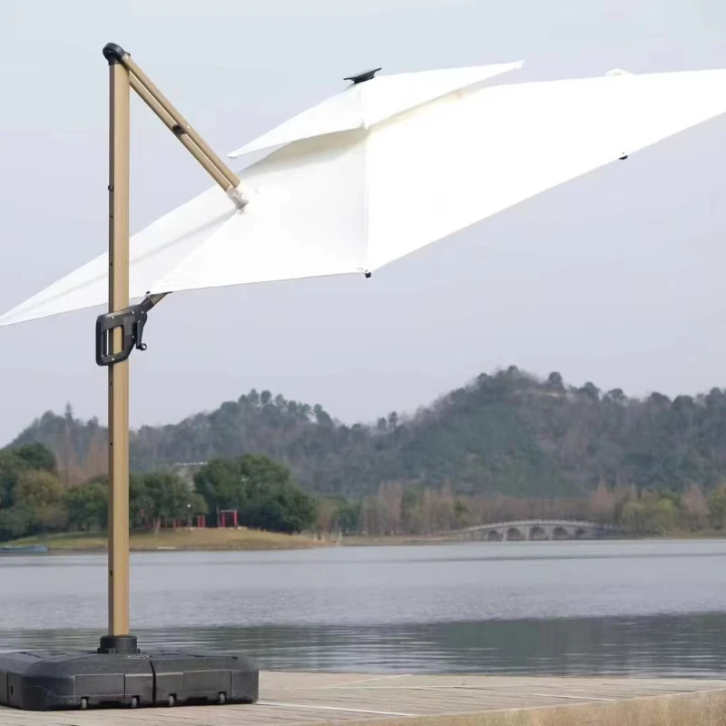 

White square garden umbrella with large center rod and plastic base for convenient storage racks and brackets