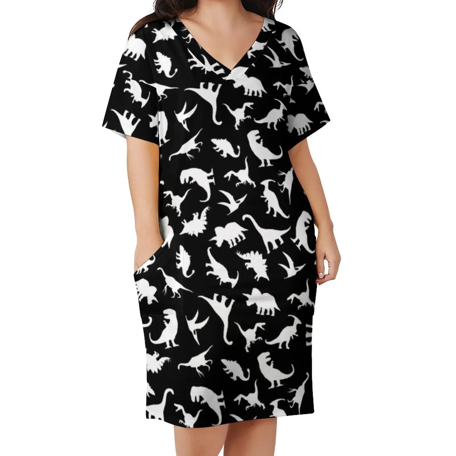 Fun Dinosaurs Pattern Casual Dress White on Black Graphic Cute Dino Trendy Dresses V Neck Korean Fashion Print Dress Big Size