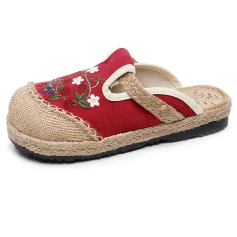 Women Casual Linen Embroidery Flat Slippers Retro Summer Ladies Canvas Comfortable Espadrille Shoes 2024