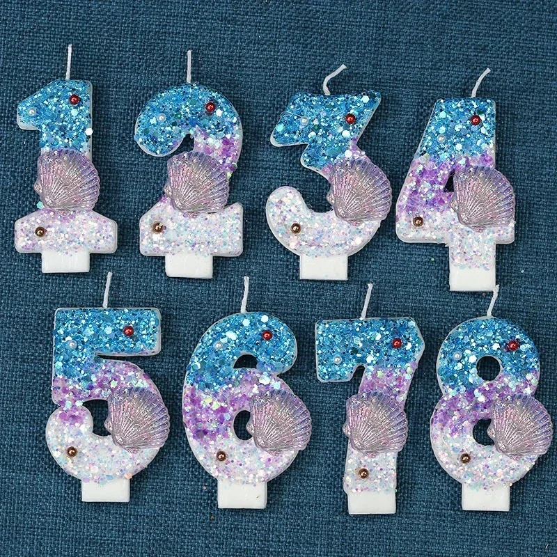 Mermaid Ocean Shell Digital Birthday Candles 0-9 Blue Purple Digital Cake Candles Underwater Theme Cake Decoration