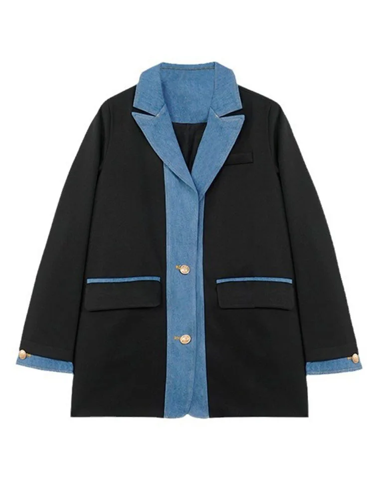 LANMREM Contrast Color Spliced Blazer Women Notched Collar Loose Single Breasted Coat Korean Style 2024 Spring New 2AA4327