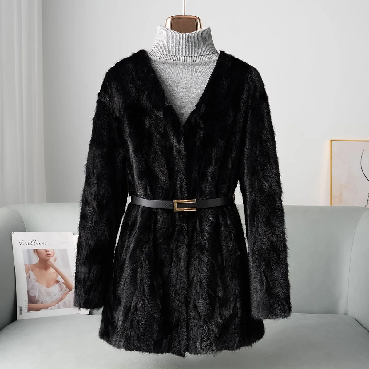 2025 inverno real casaco de pele de vison retalhos de pele de vison médio a longo com decote em v jaqueta de pele de alta qualidade