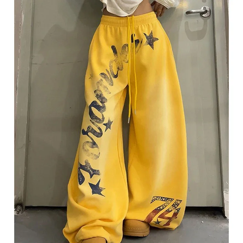 Spring Autumn Yellow Womens Wide Leg Pants Drawstring High Waist Baggy Letter Star Graphic Streetwear Y2K Hip Hop Dance Trousers