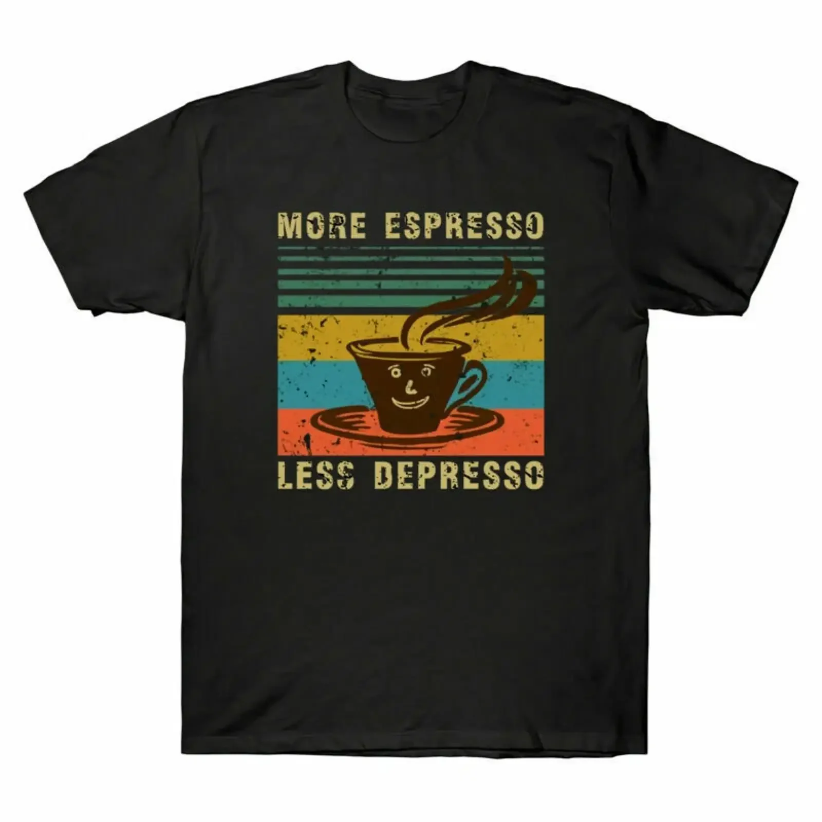 More Espresso Less Depresso Funny Coffee Pattern Retro T Shirt Men's Cotton vintage Washed Versatile Breathable streetwear Soft
