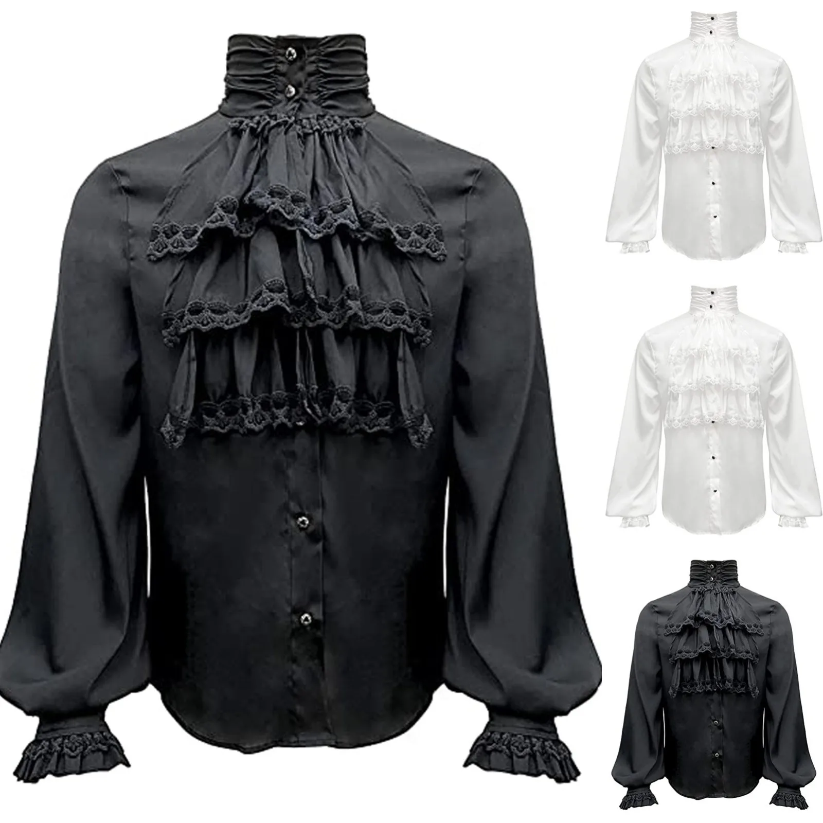 Men's Vintage Medieval Shirts And Blouses Ruffle Lantern Sleeve Stand Neck Shirts Renaissance Victorian Black White Blouses Tops