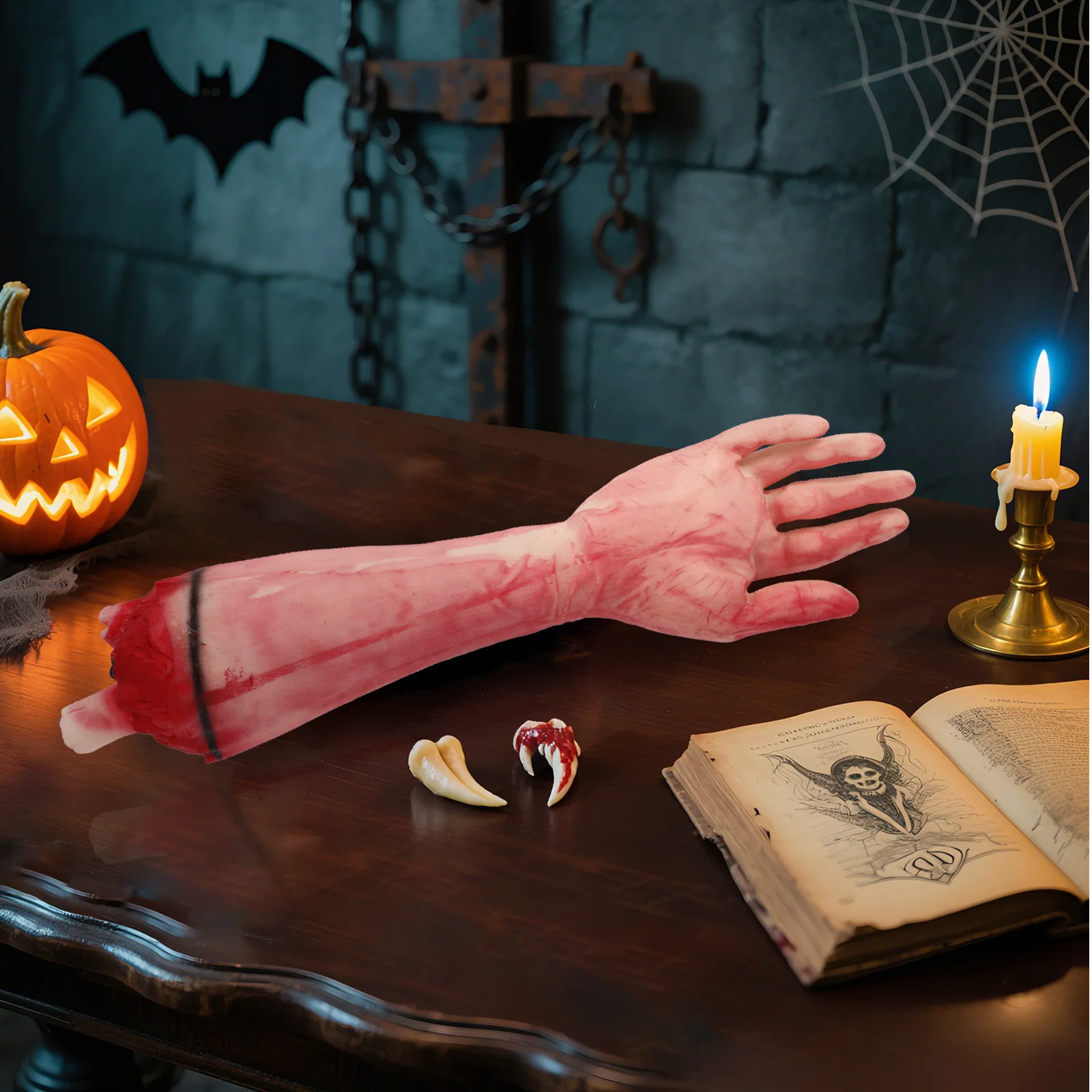 دعامة ذراع بشري لليد المزيفة الدموية، جزء جسم ميت واقعي من الأطراف المقطوعة لتزيين حفلات الهالوين