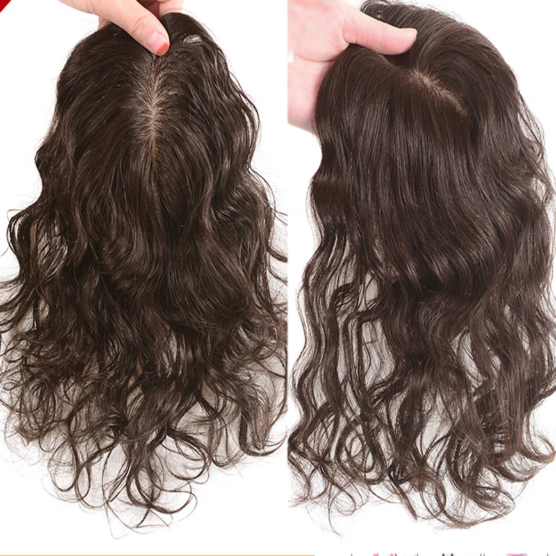 Clipe Marrom Longo Top De Seda Para Mulheres, Ondulado Europeu, Topper De Cabelo Humano Virgem, Pedaço De Cabelo Respirável, Base De Cabelo Afinando